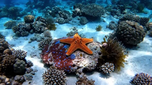 An extreme macro shot revealing the mesmerizing patterns and textures of a starfish's central disc and arm, highlighting its natural coloration and biological design.