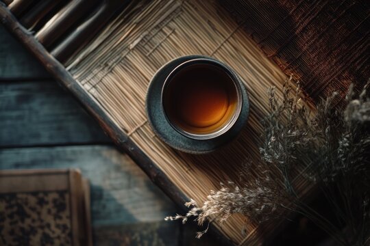 A serene bamboo forest with a tranquil lake, surrounded by towering mountains and a clear blue sky.