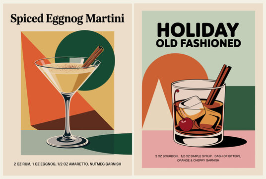 Modern minimalist cocktail poster with spiced eggnog martini and classic old fashioned, geometric backgrounds, recipe details, perfect for bars, holiday drinks, and decor