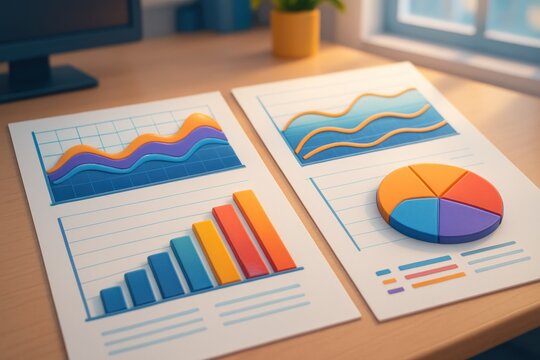 Colorful business charts on paper documents atop a sunlit wooden office desk