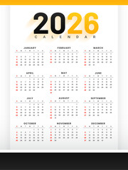 white yellow 2026 english calendar template for monthly events