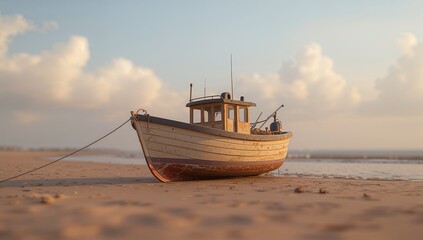 Fototapeta premium Vintage Fishing Boat on Sandy Beach with Calm Ocean and Clouds