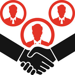 Teamwork And Collaboration Icon Depicting A Handshake With Three Stylized Figures Above In Red And...
