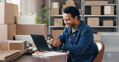 Man, phone and texting with dropshipping, logistics and smile for distribution deal at office. Person, smartphone and review with supply chain, laptop or happy for inventory management at startup