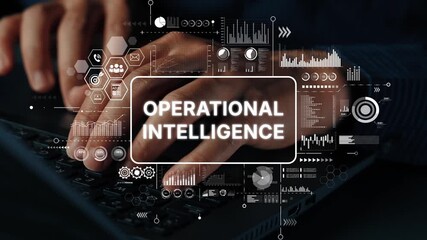 Hands Typing on Keyboard with Operational Intelligence Graphics and Data Visualization Elements in a Modern Workspace. Asymptotic smart data analytic. - Powered by Adobe