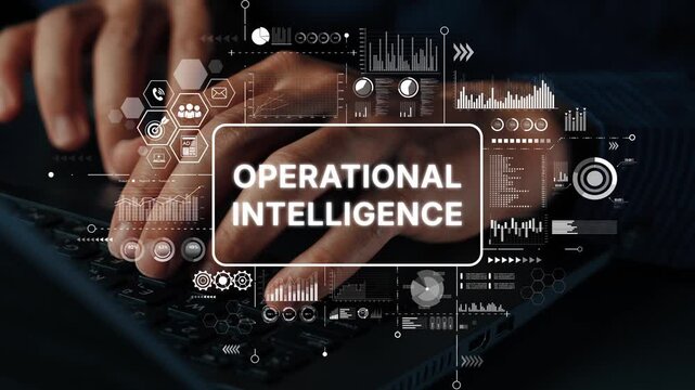 Hands Typing on Keyboard with Operational Intelligence Graphics and Data Visualization Elements in a Modern Workspace. Asymptotic smart data analytic.