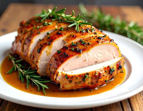 Close-up of sliced, roasted poultry breast with a glossy glaze, herbs, and savory gravy on a white plate