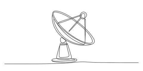 Continuous one line drawing of a satellite dish antenna for global broadcasting, communication technology signal reception icon.