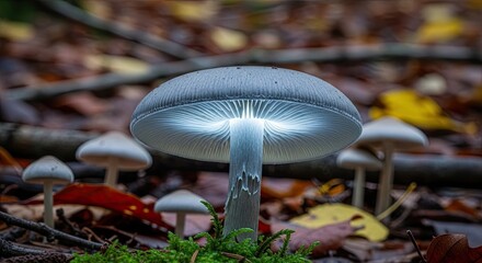 Glowing mushroom illuminates forest floor surrounded by autumn leaves and moss