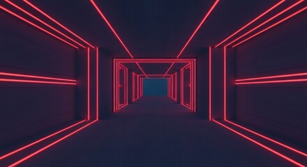 Dark futuristic tunnel with glowing red neon lines creating a striking, infinite perspective