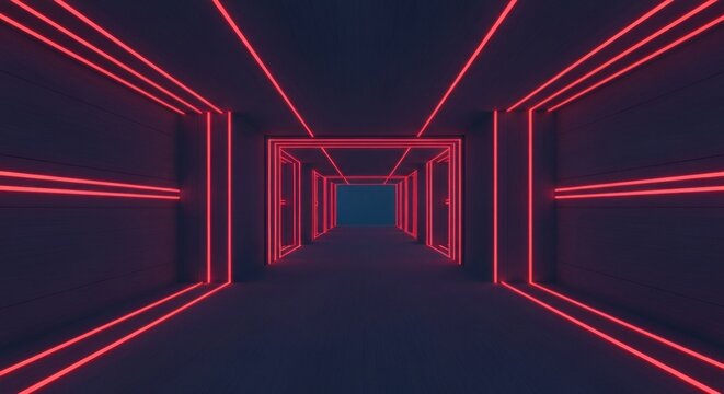 Dark futuristic tunnel with glowing red neon lines creating a striking, infinite perspective