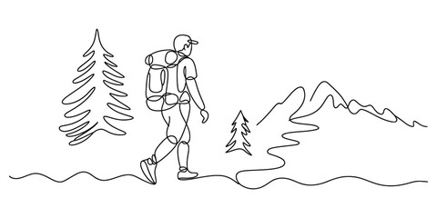 Continuous line art drawing of a lone male hiker with a backpack walking through a serene mountainous landscape with pine trees.