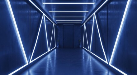 Dark blue futuristic corridor with bright neon lights forming geometric patterns