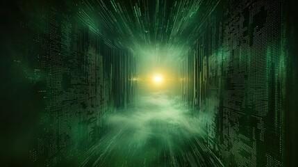 Dark green digital tunnel with complex walls leading to a bright light and central mist