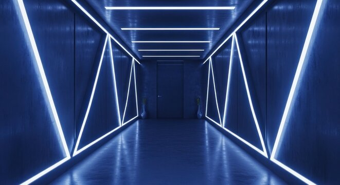 Dark blue futuristic corridor with bright neon lights forming geometric patterns