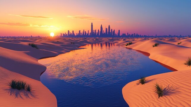 Desert oasis reflects golden sunset with distant towering urban skyline under a colorful sky