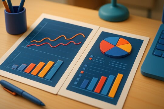 Desktop with two sheets featuring colorful 3D bar, line, and pie charts