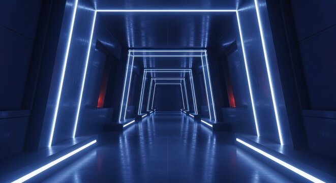 Dark, futuristic sci-fi tunnel glowing with vibrant blue neon lights and reflections