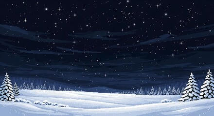 Pixel Art Winter Landscape with Snow Covered Field and Starry Night