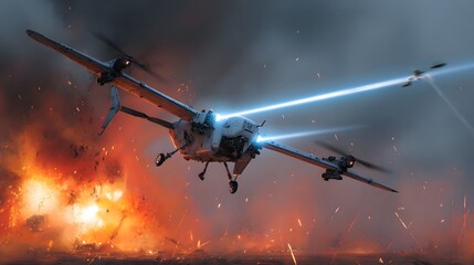 Futuristic combat drone firing laser in explosive battlefield action scene, modern military technology, defense innovation and aerial robotics concept
