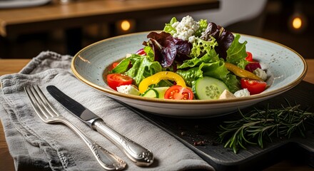 Fresh, healthy vegetable salad with feta cheese and tomatoes, a delicious vegetarian appetizer or light lunch