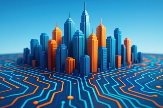 Digital cityscape with blue and orange buildings on a radiant circuit network