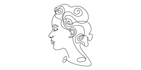 Continuous line art drawing of an elegant woman's profile, minimalist black ink illustration capturing feminine grace and simplicity on white.