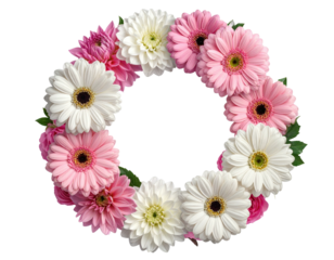 Floral wreath with pink and white daisy-like flowers