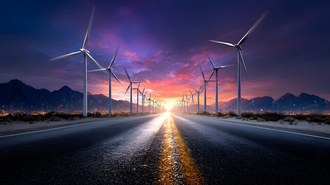 Straight asphalt road leading to glowing sunset with wind turbines, renewable energy landscape symbolizing sustainable future and green technology - Powered by Adobe