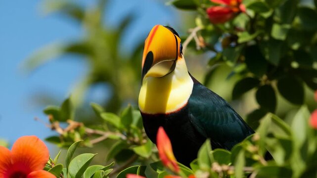 A captivating video featuring a colorful toucan amid lush green foliage and vibrant flowers, showcasing tropical wildlife and birdlife in natural habitat.