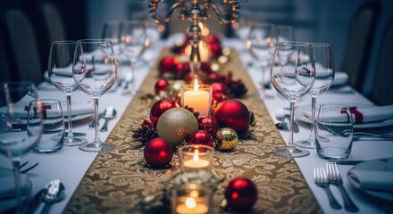 Elegant dinner table decorated with glowing candles, festive ornaments, and formal place settings