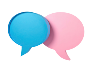 Two speech bubbles, pink and blue, overlapping
