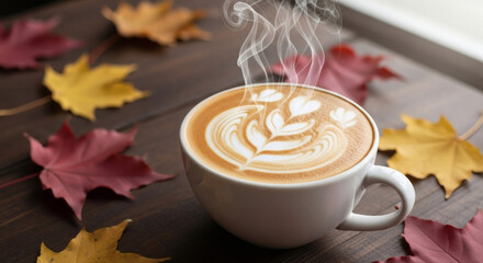 A perfect latte art with autumn leaves design and steam rising, on a rustic dark wooden table