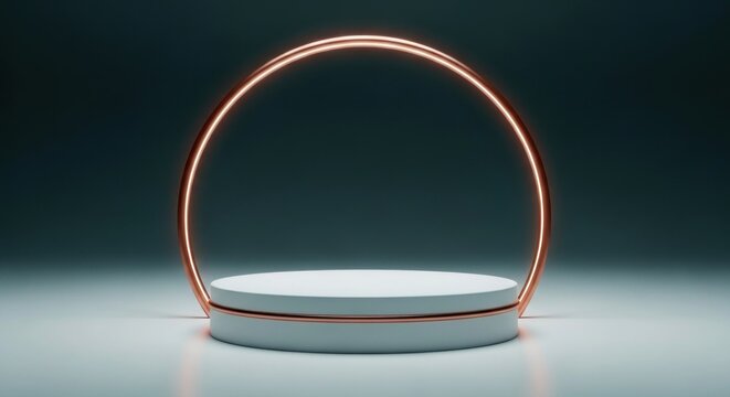 Elegant white cylindrical pedestal with glowing copper ring and accent on dark background - Powered by Adobe