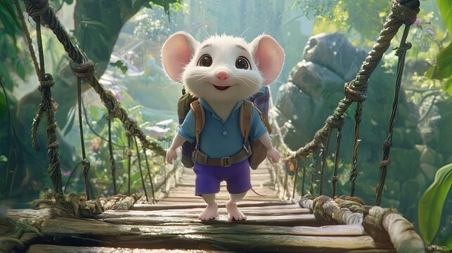 Fototapeta A charming animated character walks across a rope bridge.