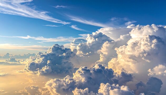 Vast panoramic vista of fluffy clouds in a brilliant blue sky, illuminated by golden sunlight from below. Dramatic texture - Powered by Adobe
