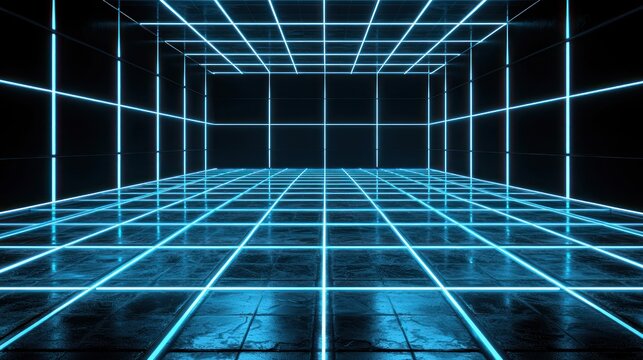 Empty dark virtual space with glowing blue neon grid lines on floor, walls, and ceiling