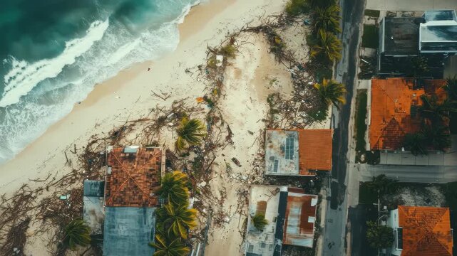 Aerial view of property destruction after hurricane along the coastal area, Aerial view devastation to property wake of Hurricane