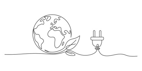 Continuous line drawing of earth globe with leaf and electrical plug, symbolizing green energy, sustainable power, and environmental connection