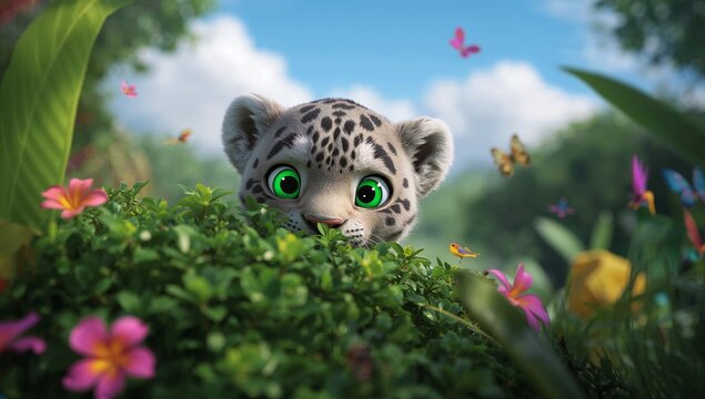 Cute Animated Snow Leopard Cub Peeking Through Greenery and Flowers