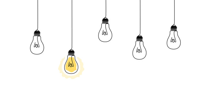 One continuous line drawing of hanging light bulbs with one shining. Concept of creative idea.Vector illustration eps 10 - Powered by Adobe