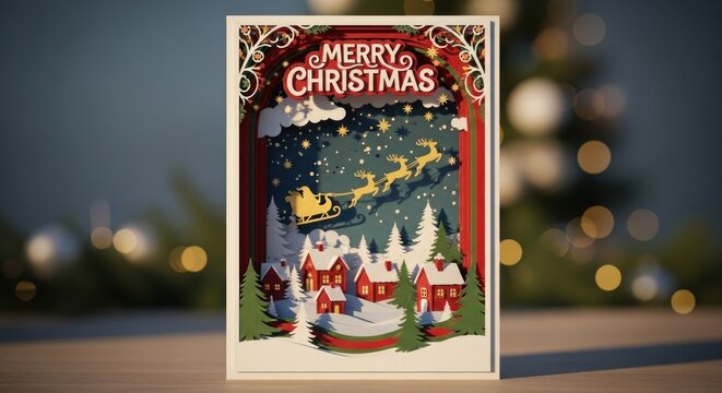 Festive Christmas card featuring Santa's sleigh over snowy village, soft bokeh background - Powered by Adobe