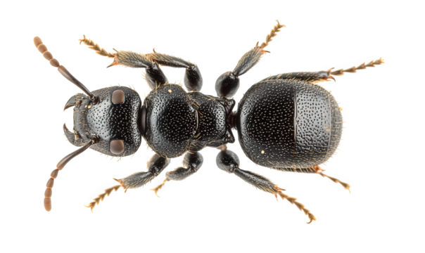 Detailed closeup of a black velvet ant, isolated on transparent background, showcasing its robust body structure and intricate exoskeleton details under high magnification