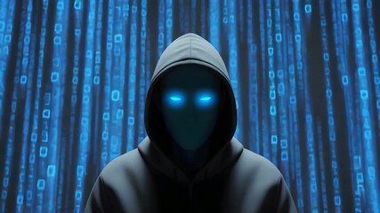 Anonymous hacker coding with glowing eyes in digital cyber space for cybersecurity threat prevention video - Powered by Adobe
