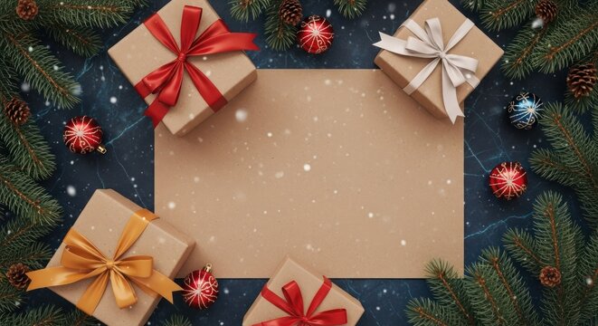 Festive holiday flat lay with blank paper, gifts, pine branches, and winter snow - Powered by Adobe