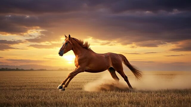 Dynamic footage of proud horses galloping across a sprawling field at sunset capturing motion and natural beauty