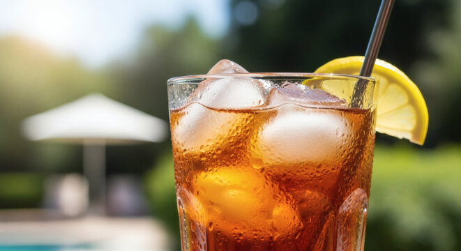 A cold glass of iced tea with thick, visible condensation and melting ice cubes, set against a summery, slightly blurred outdoor background.