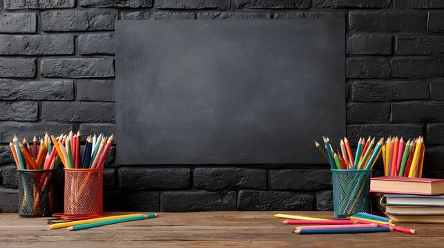 Empty black chalkboard with colorful pencils and books on wooden desk against brick wall, education and creative back-to-school background concept