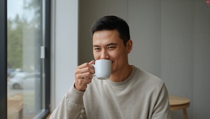 Young Man Enjoying Coffee While Sitting by Window in Cozy Café