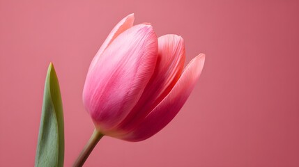 Single pink tulip flower close-up on soft pastel pink background, romantic floral minimalism and elegant spring nature photography concept